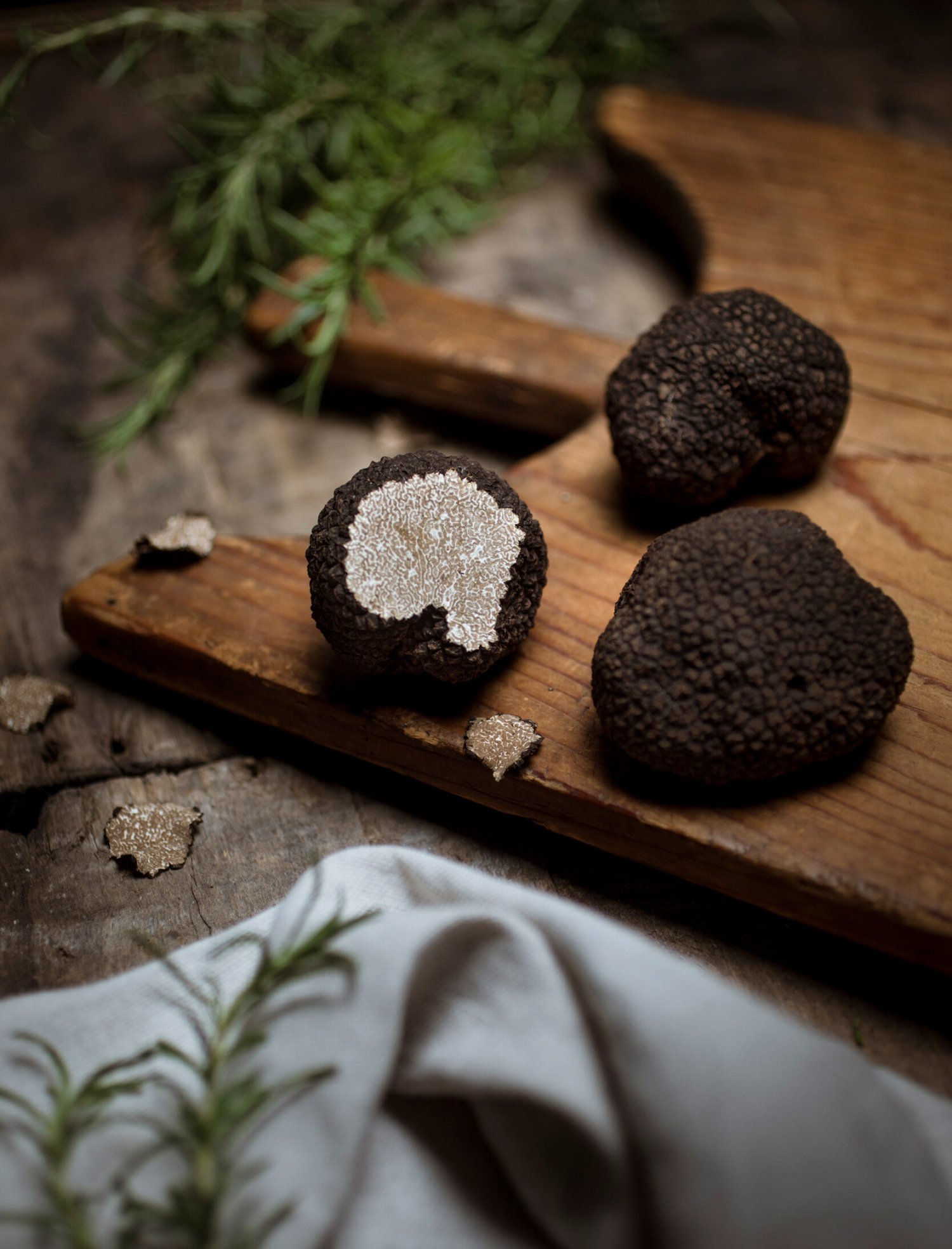 Artistic shot of truffles on a wooden board