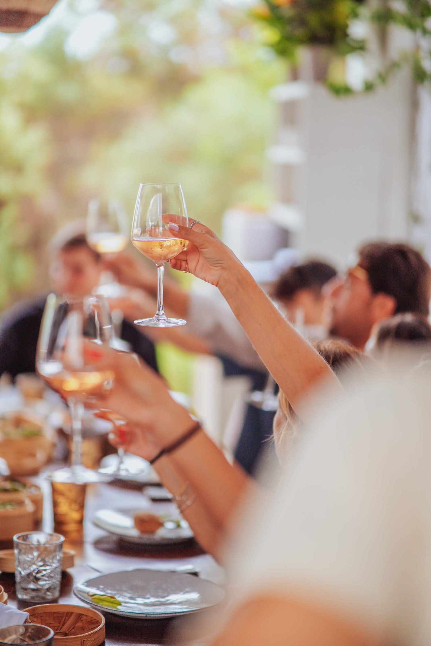 Group of people raising wine glasses
