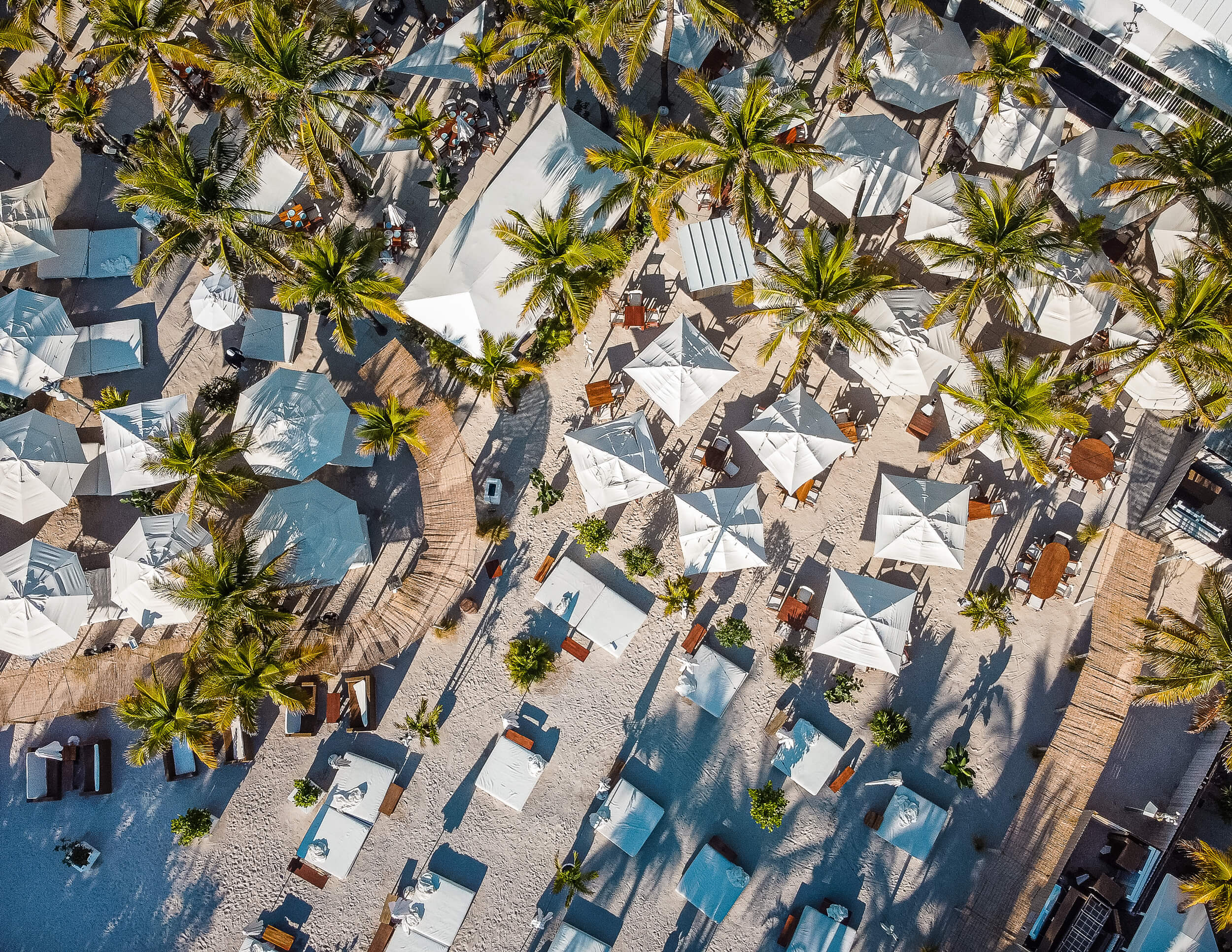 A birds eye view of Nikki Beach Miami, showing the dining areas, umbrellas, palm trees and sand