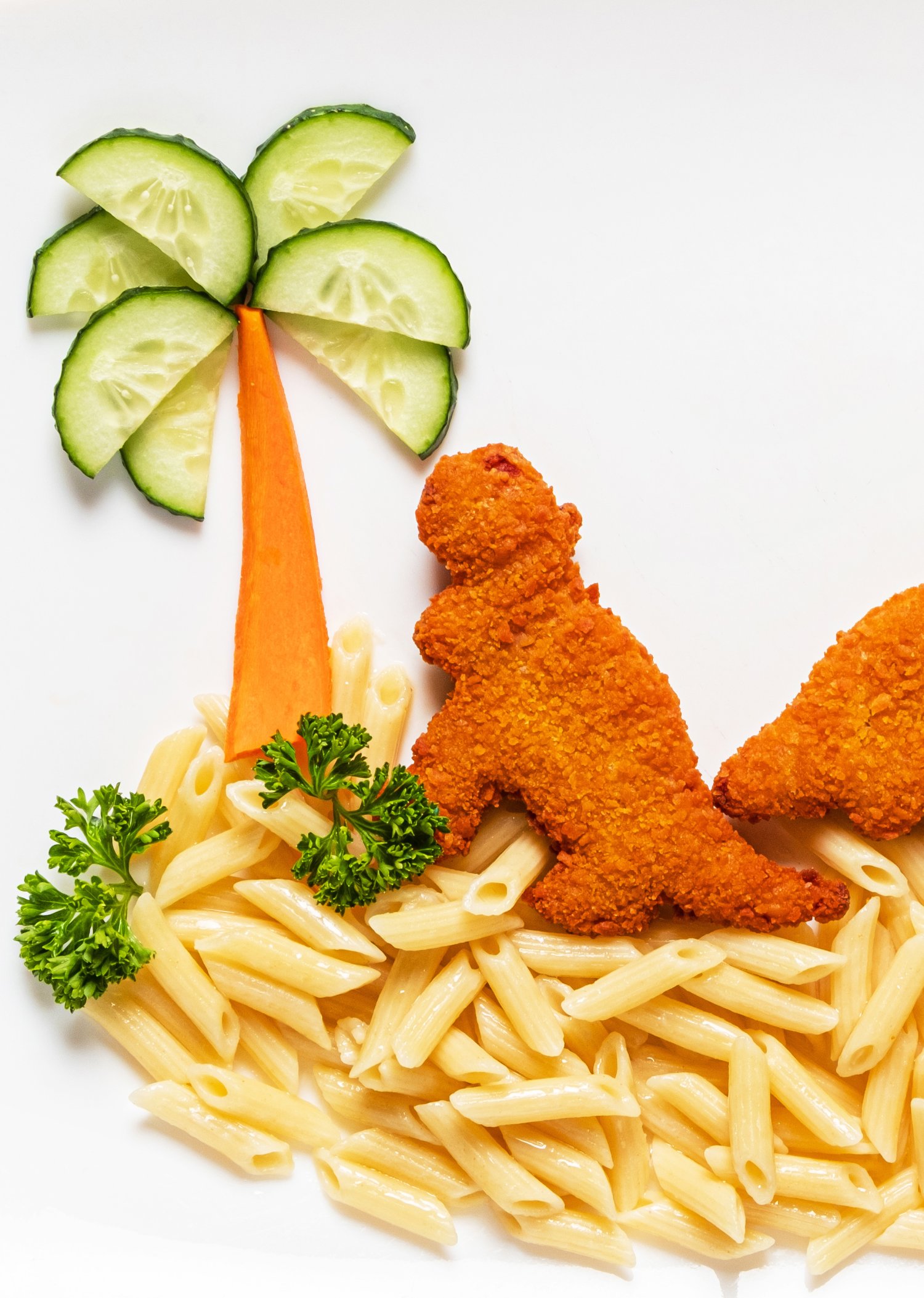 pasta with fish nuggets in the shape of dinosaurs for kids