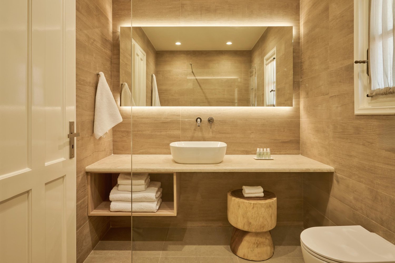 Bathroom with walk in shower, toilet and small basin