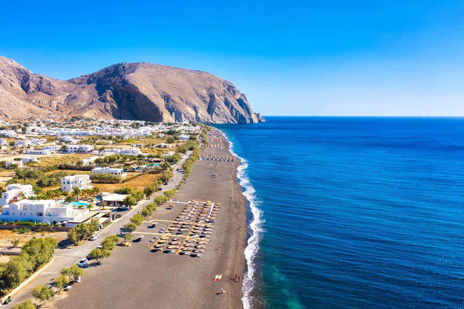 Drone shot of the beach at Santorini
