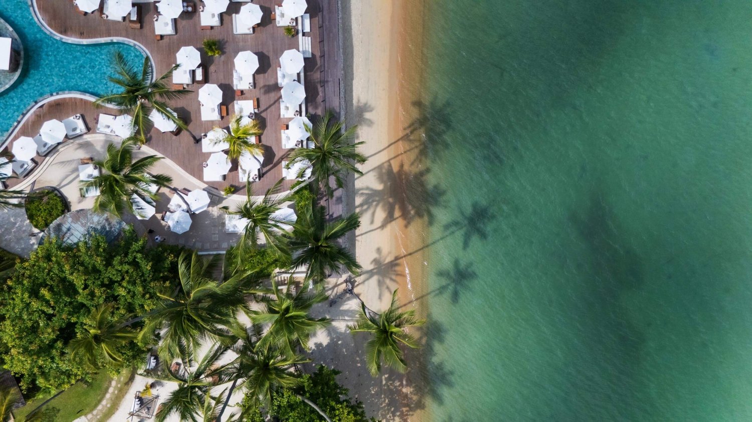 Ariel shot of Nikki Beach pool area next to the sandy beach and sea