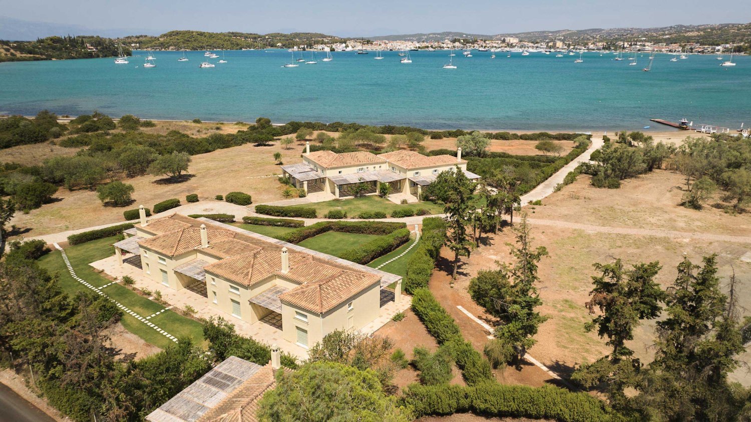 Ariel image of coastal Beach houses at Nikki Beach leading to the sea