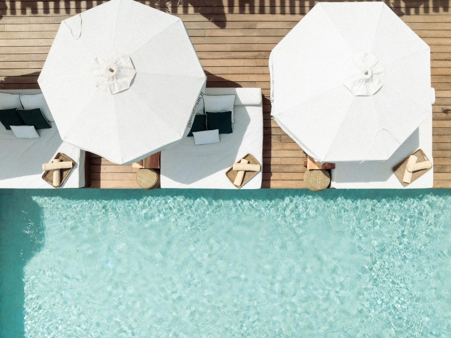 Drone shot of the pool and resort at Nikki Beach Saint Tropez