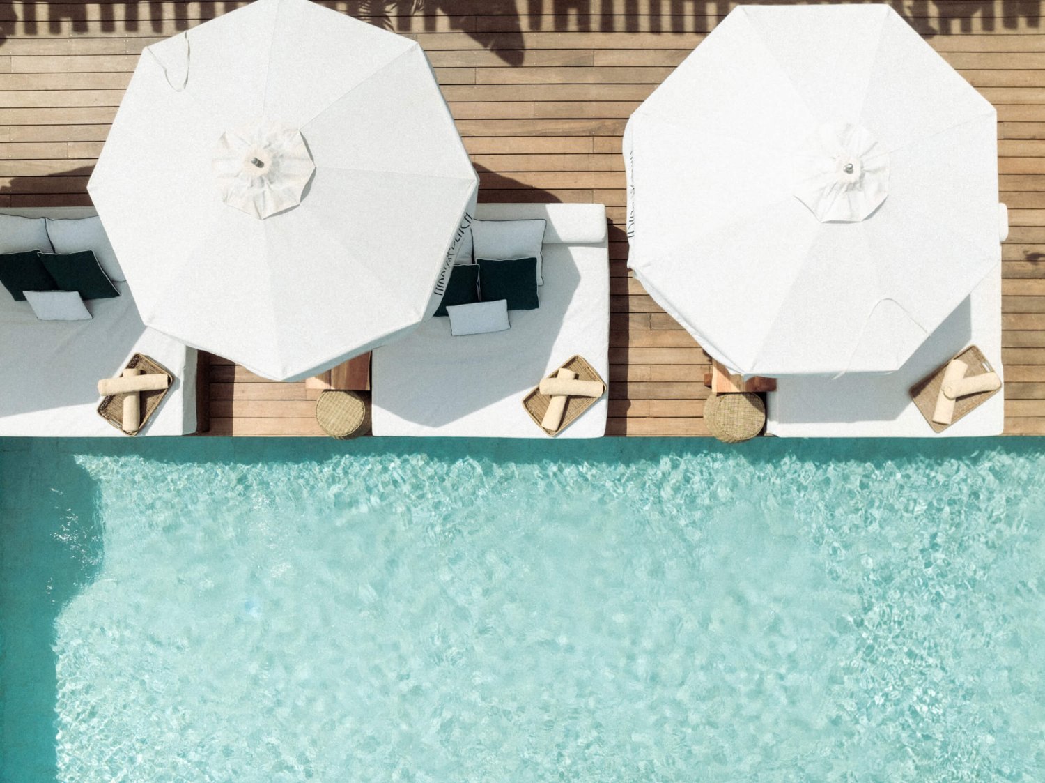 Nikki Beach Saint Tropez Drone Shot of the pool and sun beds along the side