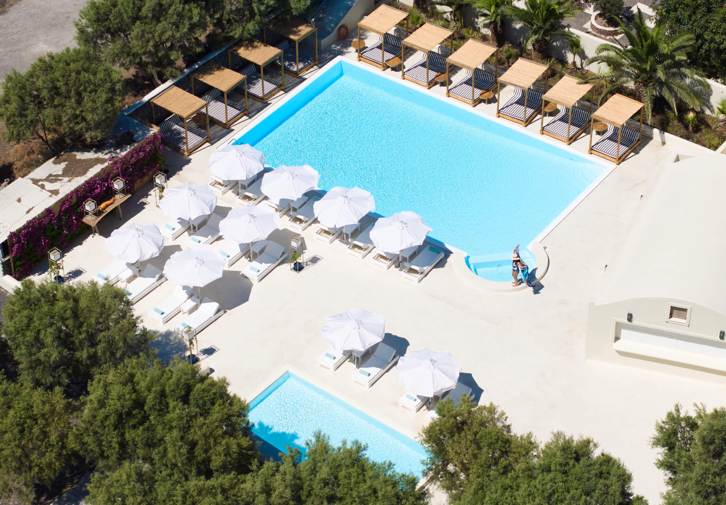 Drone shot of the pool at Nikki Beach Santorini