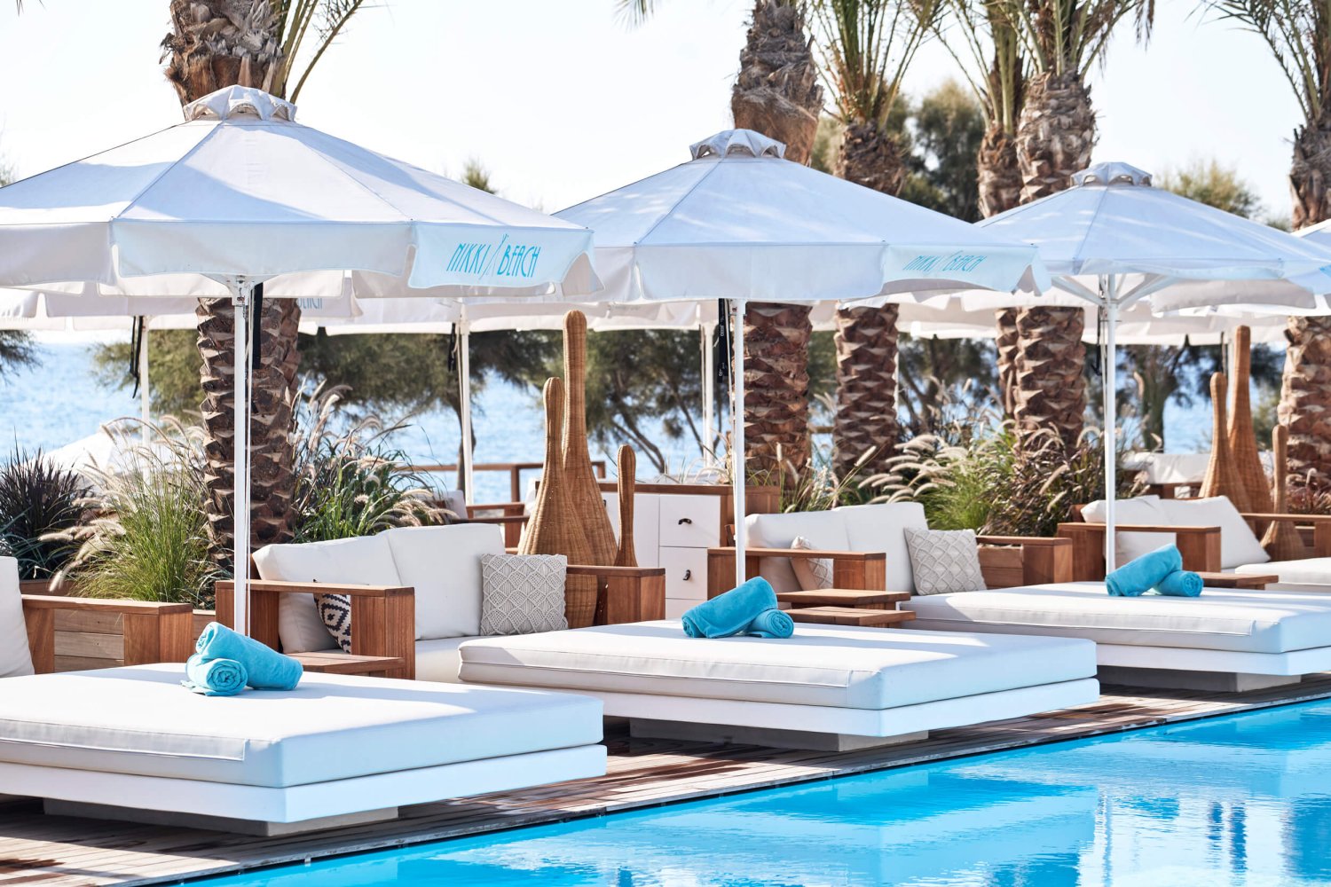 Close up of the sun loungers pool side at Nikki Beach Santorini