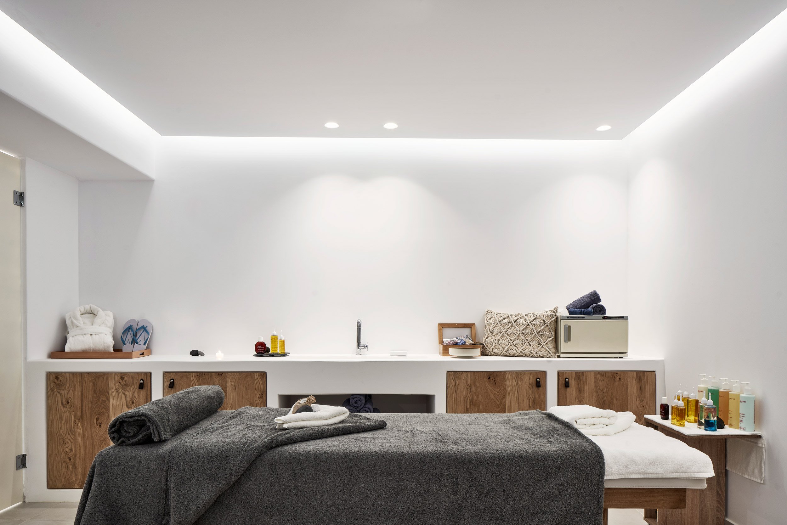spa table with counter of products behind