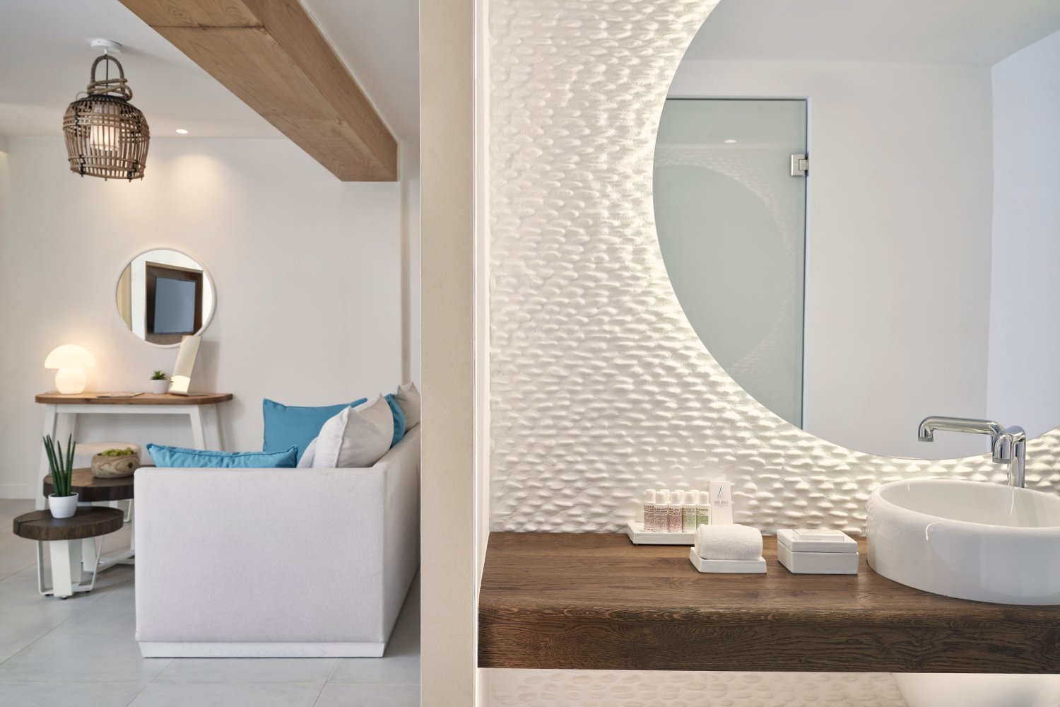 Signature Room with Jetted Tub: (left) sofa area and dressing table (right) basin area with mirror
