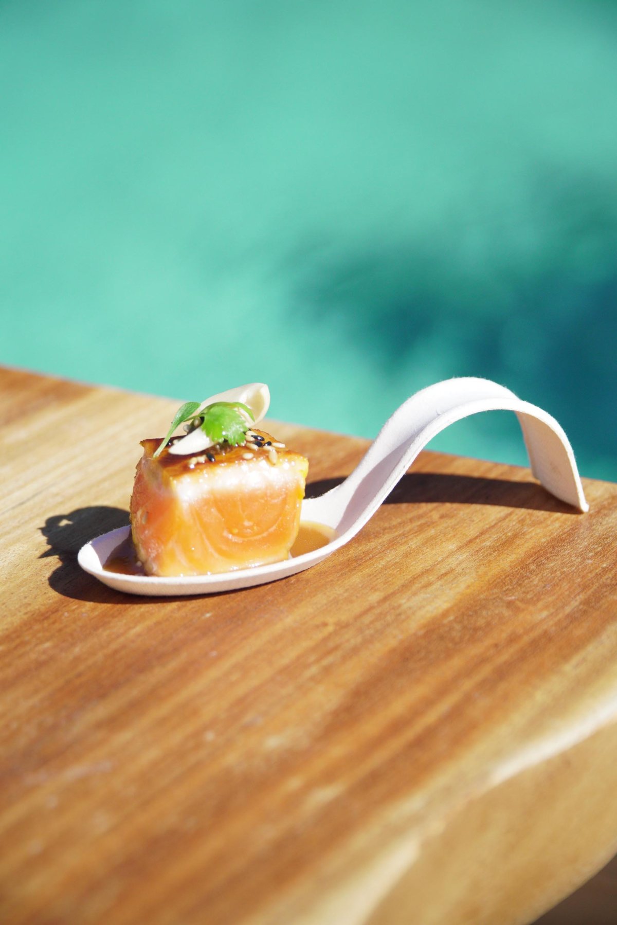 Close up of sushi on a serving spoon with the pool in the background