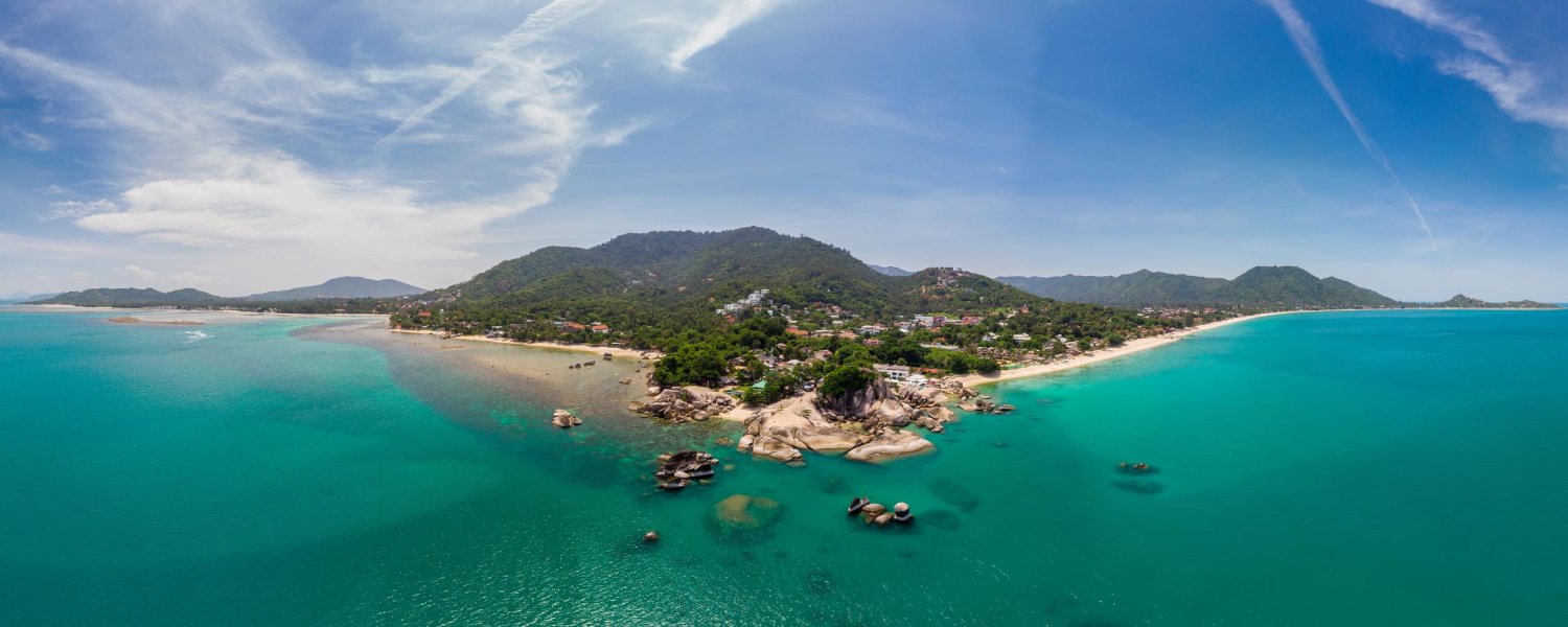 Panorama top view of Samui island Thailand form drone blue sky and green blue sea