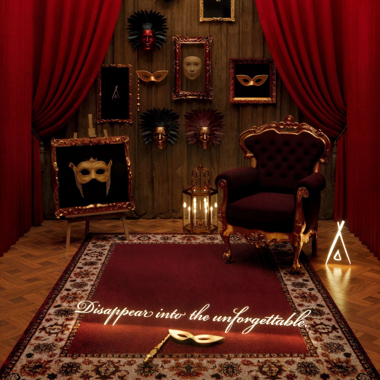a room with framed photos on the walls and draped red curtains, a royal chair sits to the right. At the bottom of the screen reads 