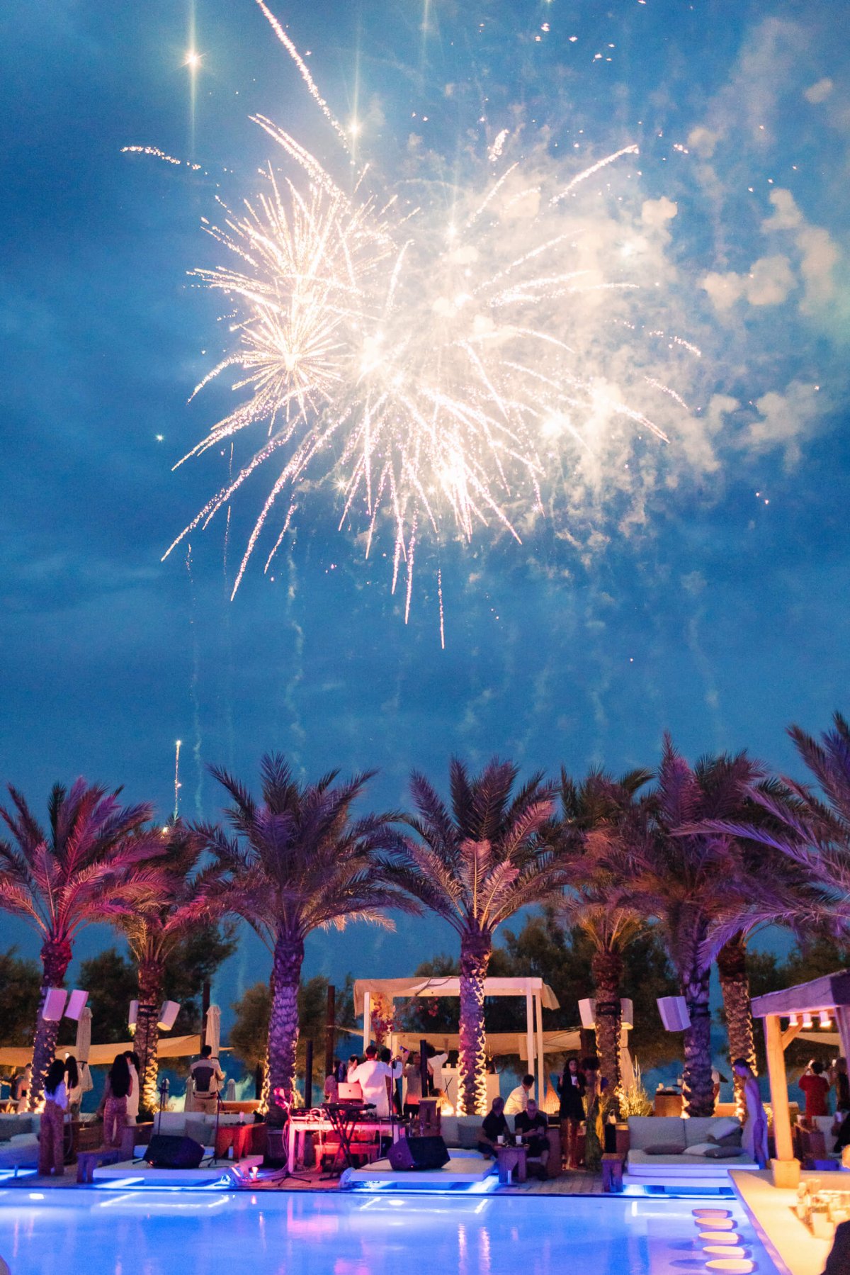 Firework display poolside at Nikki Beach Santorini