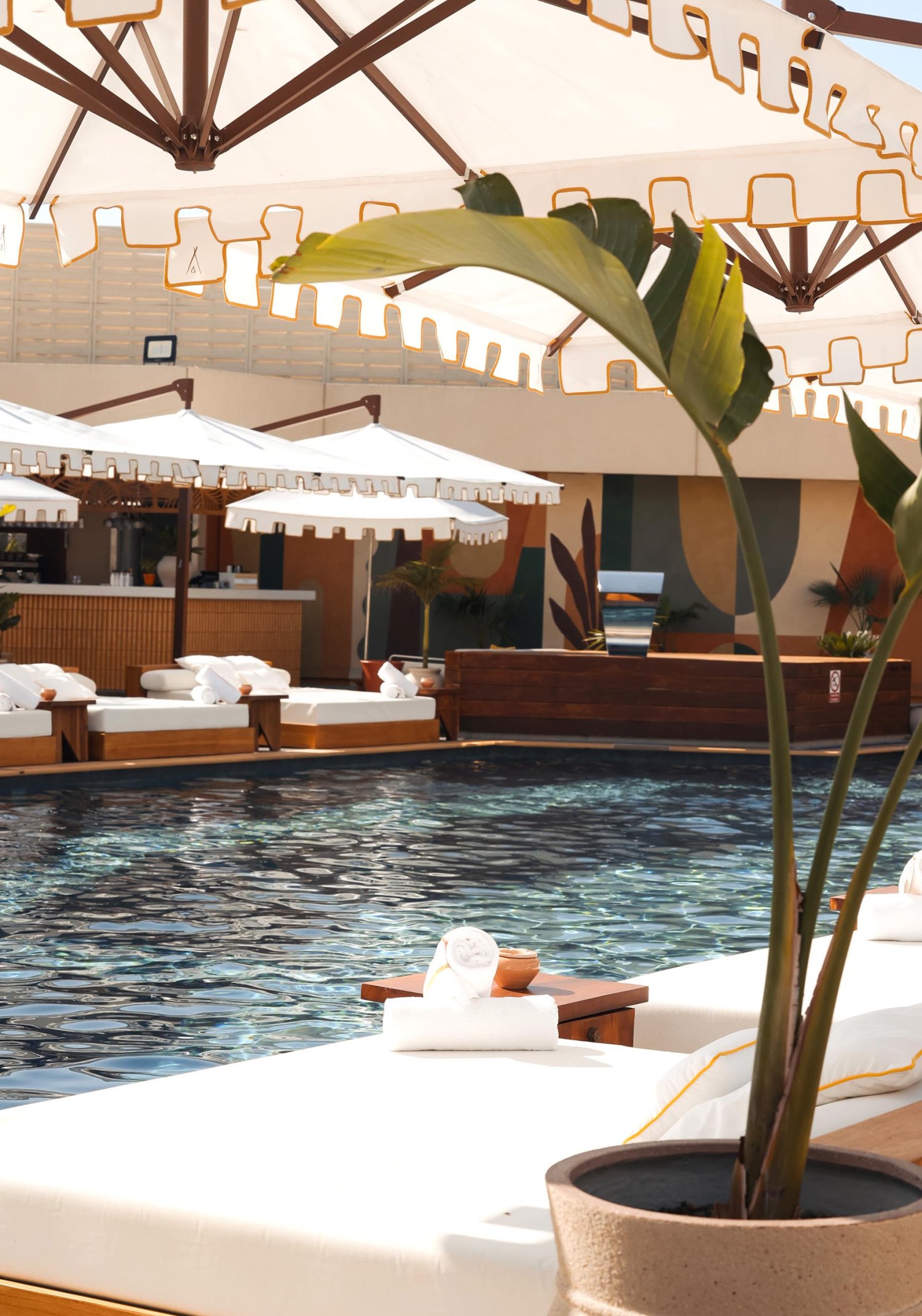 Nikki beach pool area with poolside sun loungers and plants