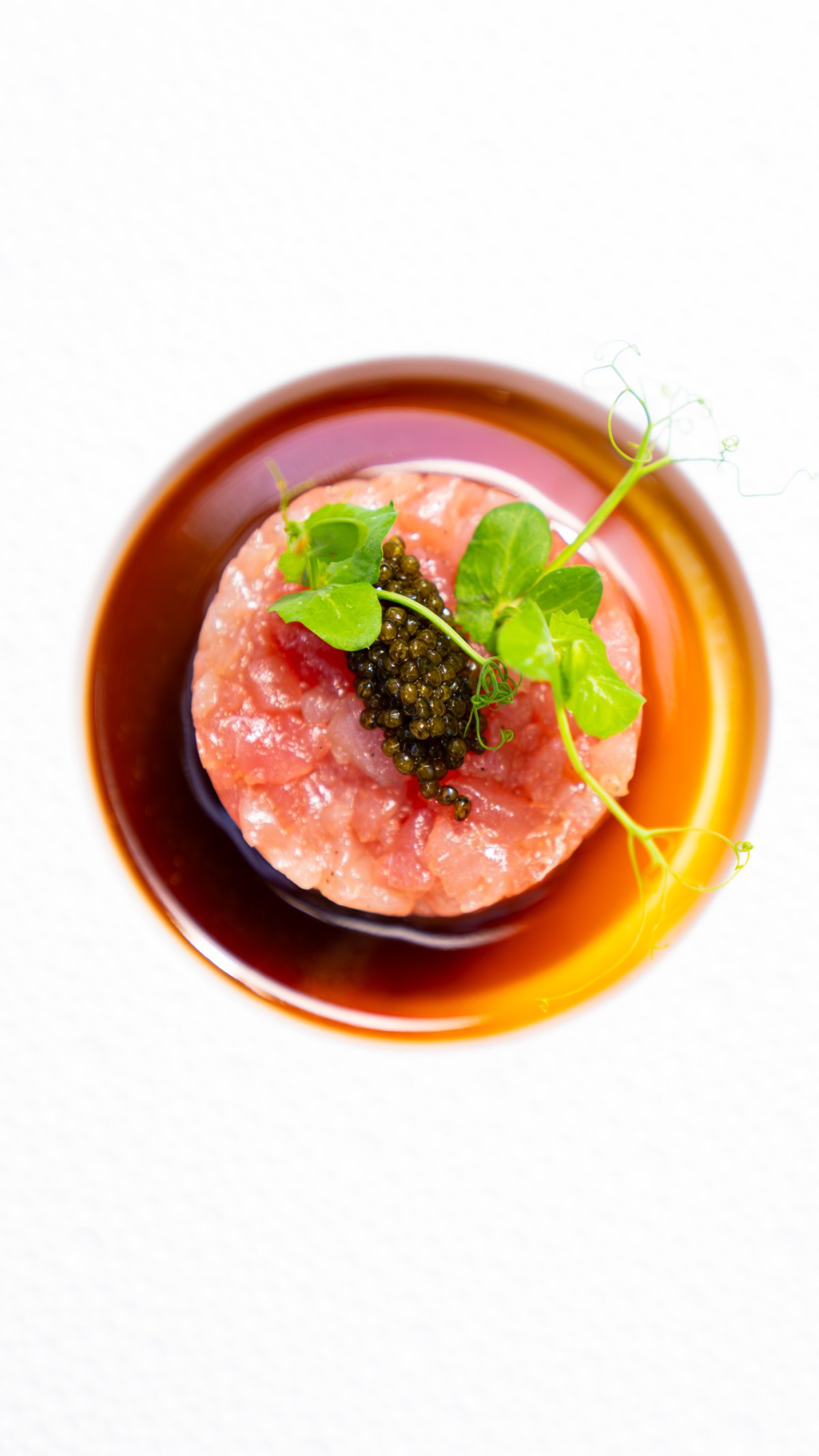 Ariel shot of a small appetiser dish with garnish