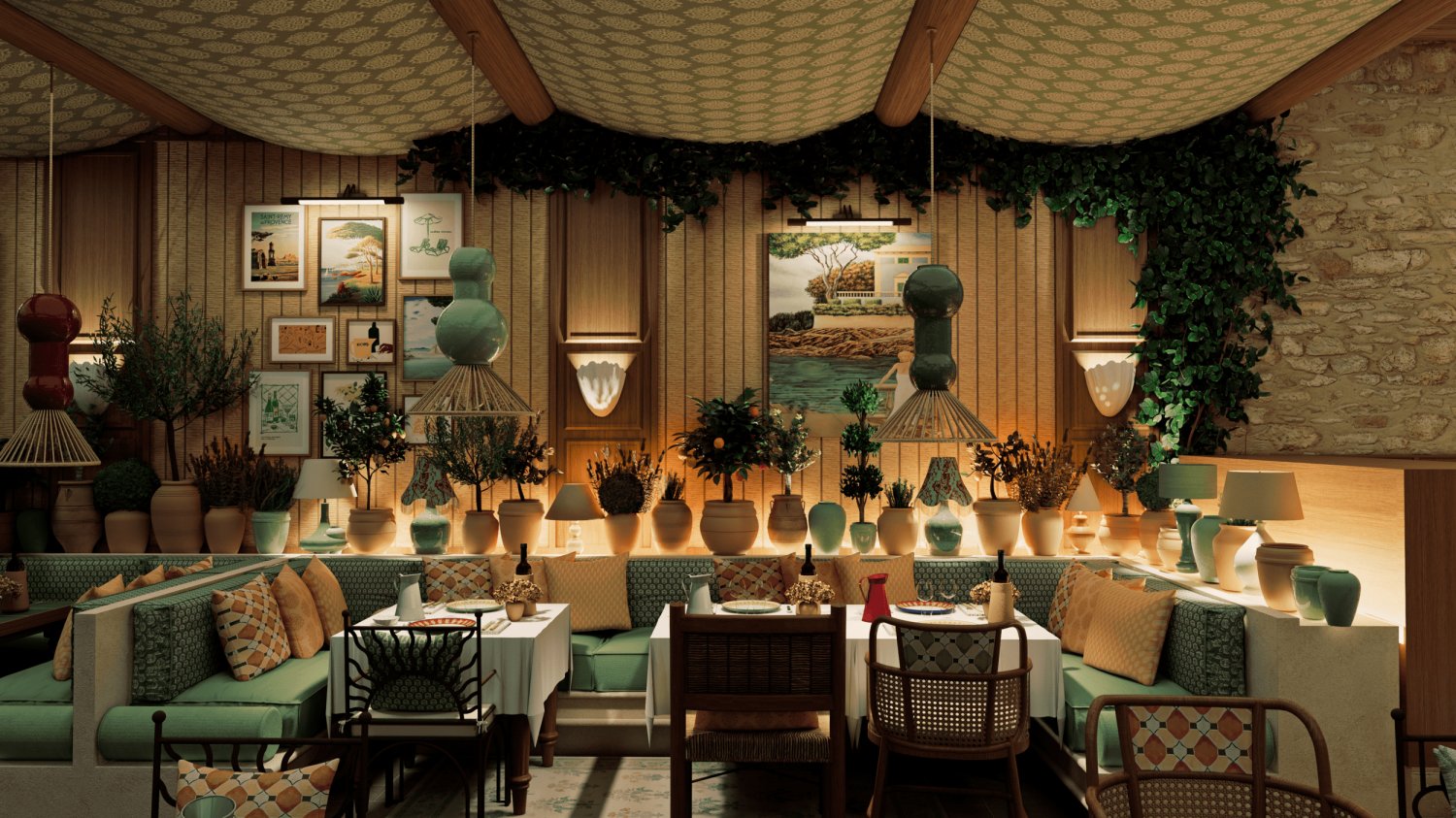 A chic restaurant featuring elegant green and blue furniture, embodying coastal charm and refined French Mediterranean style