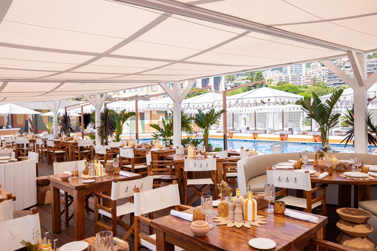 Wide shot of the restaurant interior at Nikki Beach Monte Carlo