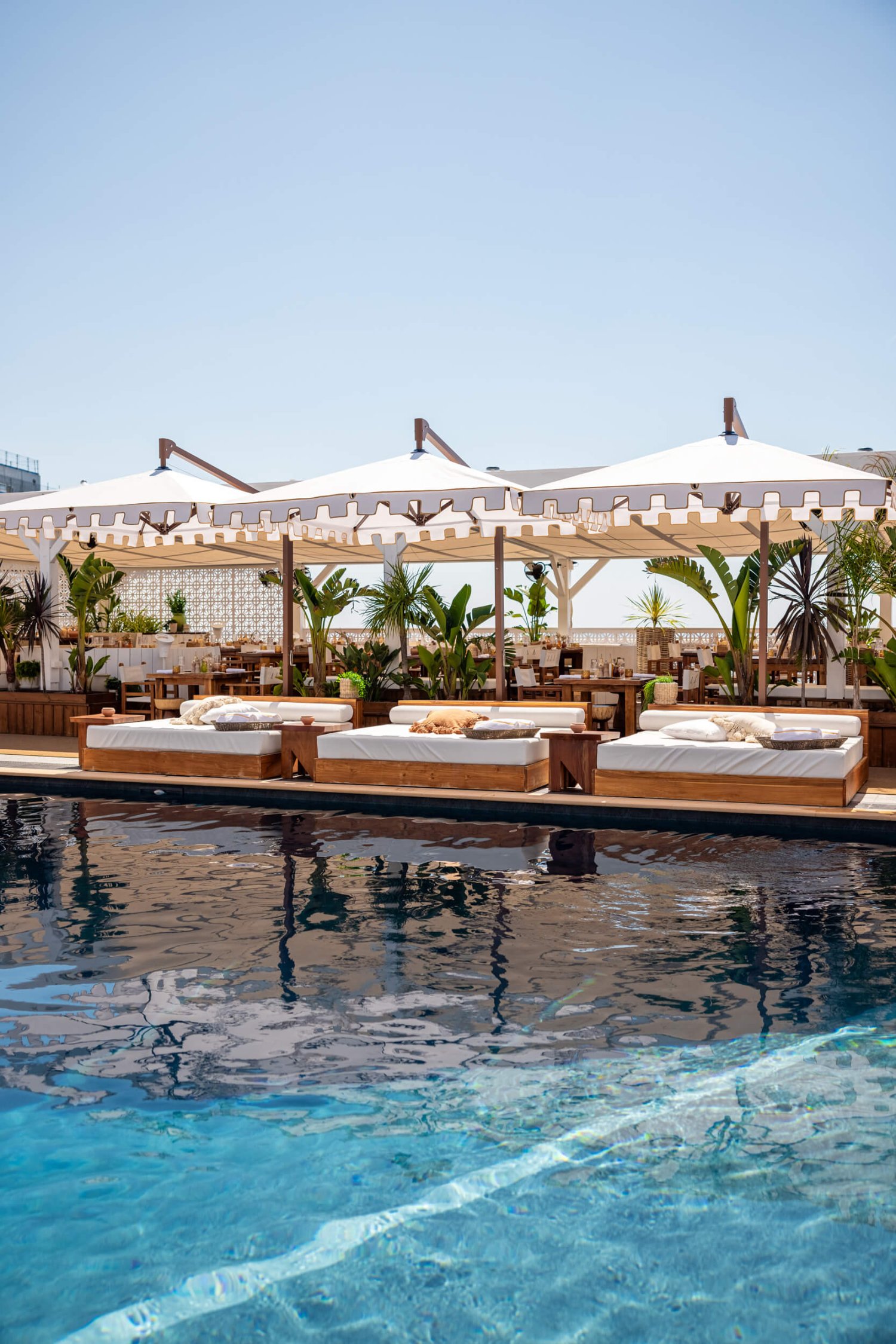 Nikki Beach Monaco's Pool area with sun beds and umbrellas surrounding