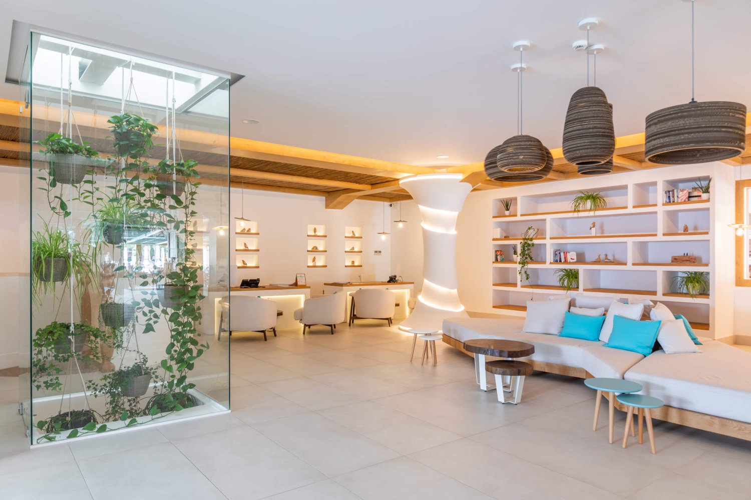 Wide shot of the waiting area at Nikki Beach Santorini