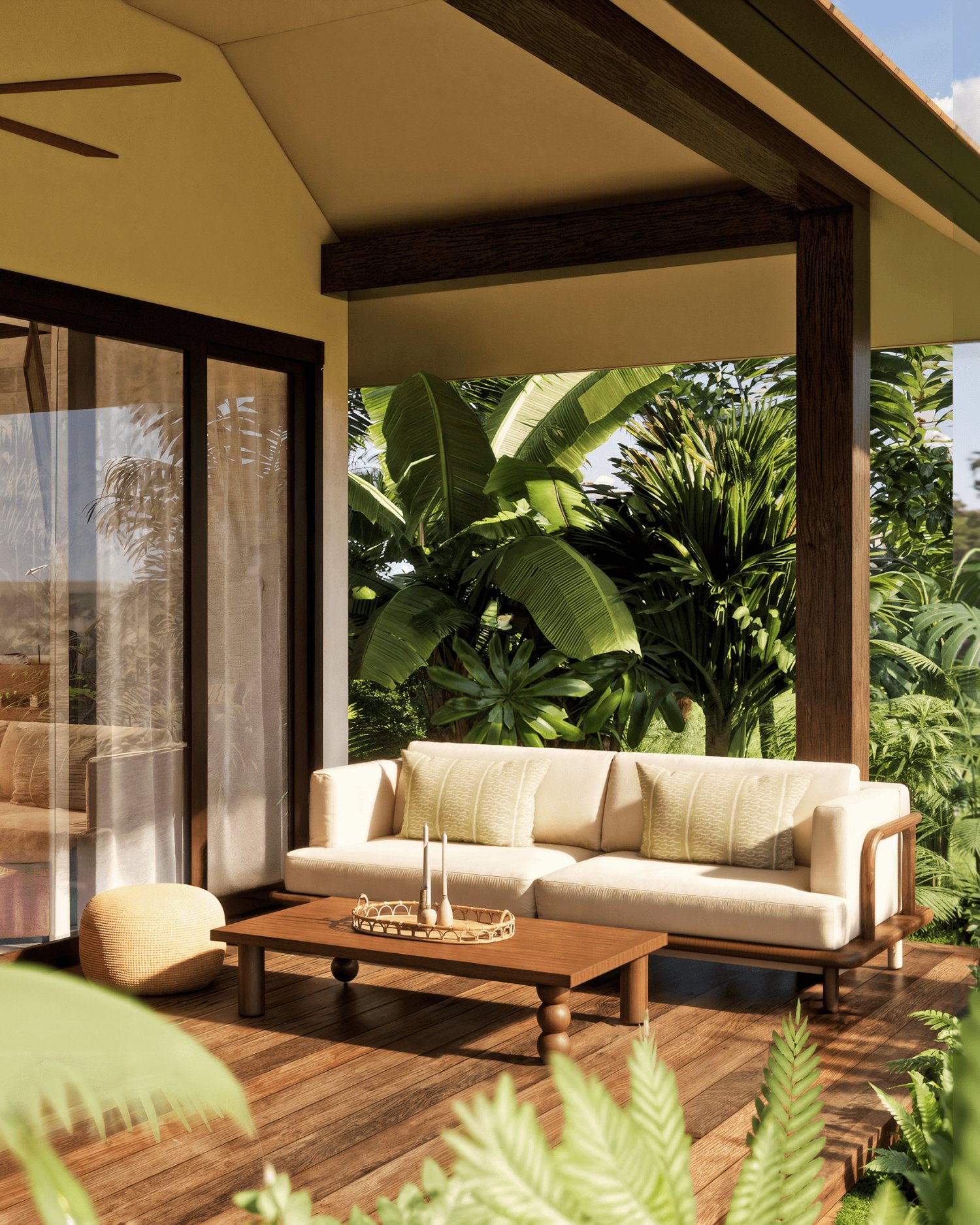 A serene wooden deck featuring a stylish couch and elegant table, surrounded by lush tropical gardens near the beach