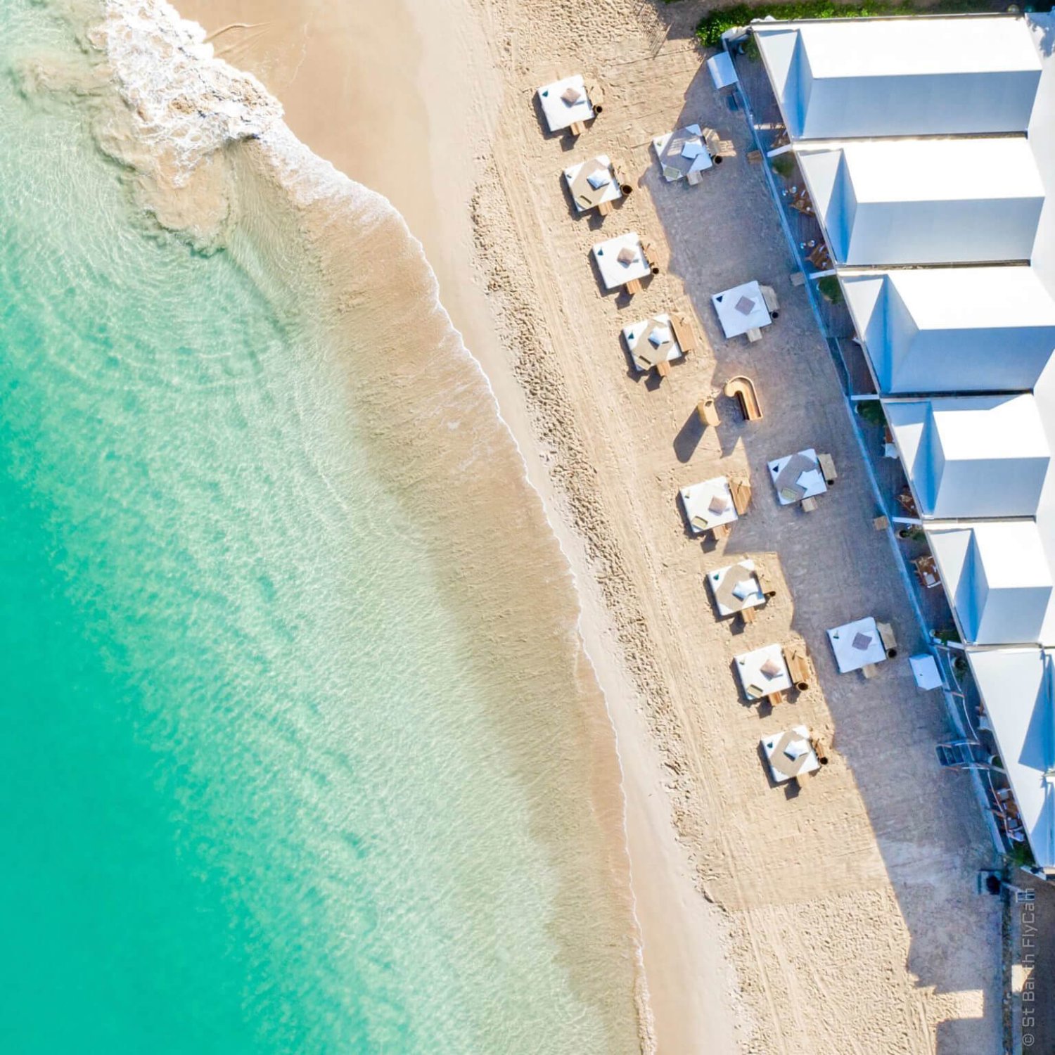 Nikki Beach Saint Barth Drone Shot showing sunbeds on the beach