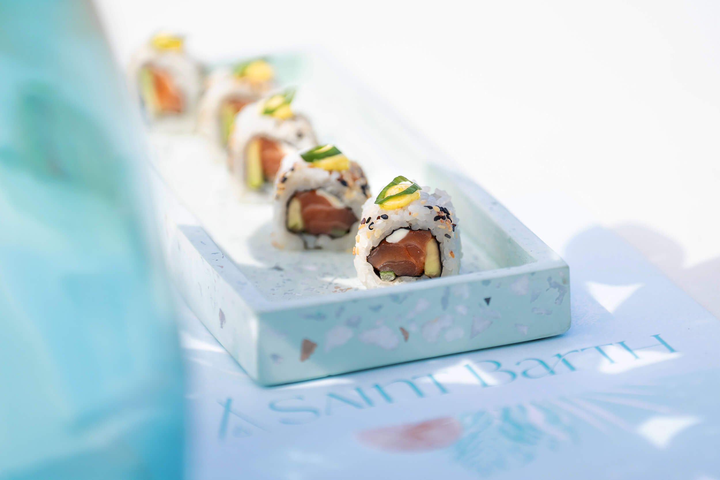 Close up short of sushi platter on a bright white background
