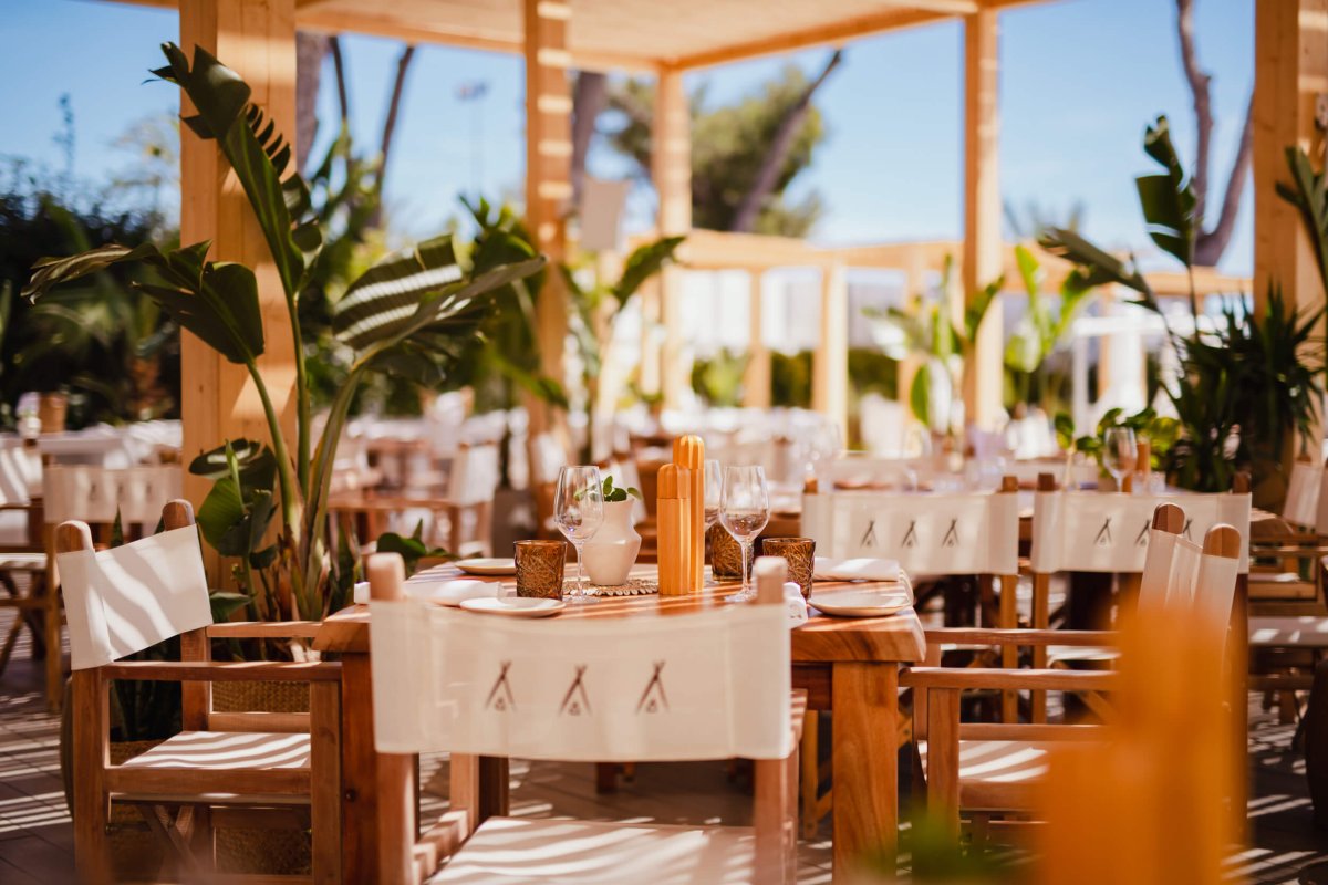 Close up of the table setting and chairs at Nikki Beach restaurant in Mallorca