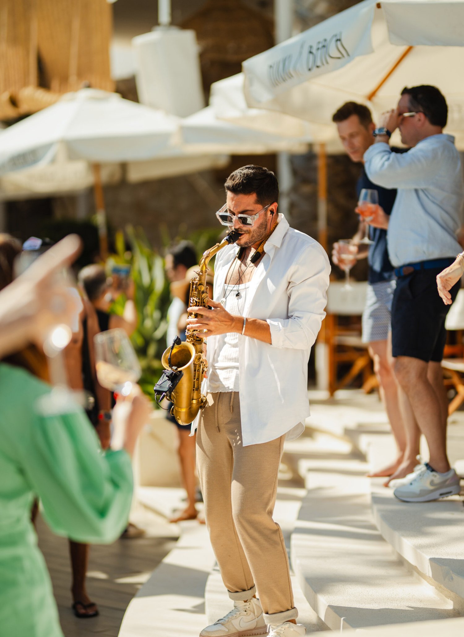 Saxophonist Juan Viera Sax playing at Nikki Beach Marbella