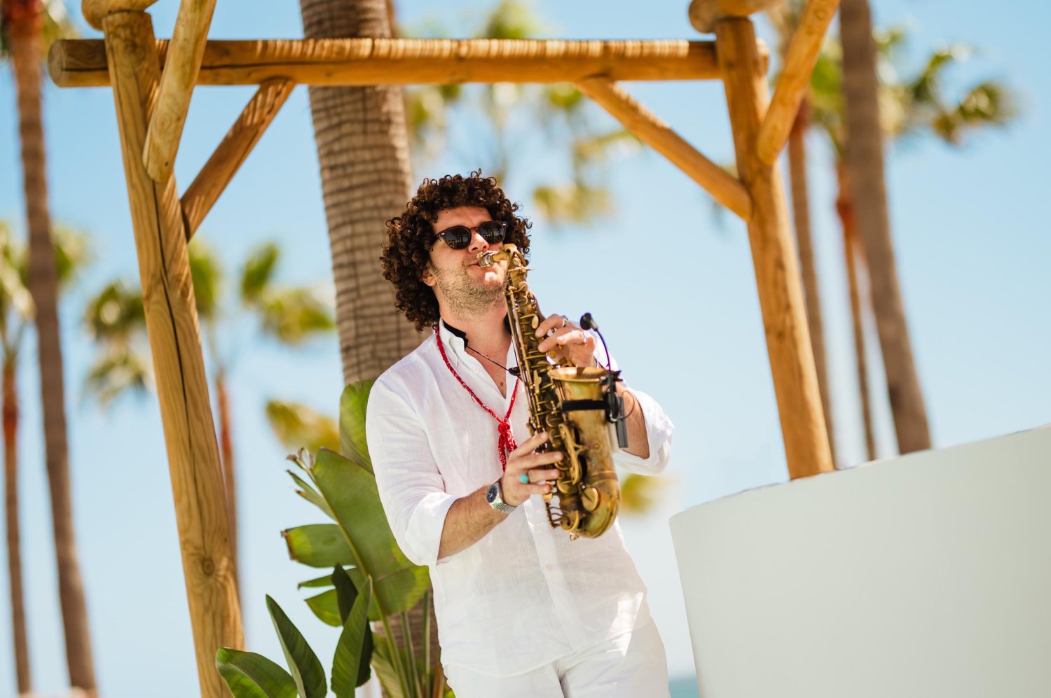 A man playing the saxophone with palm tress in the background