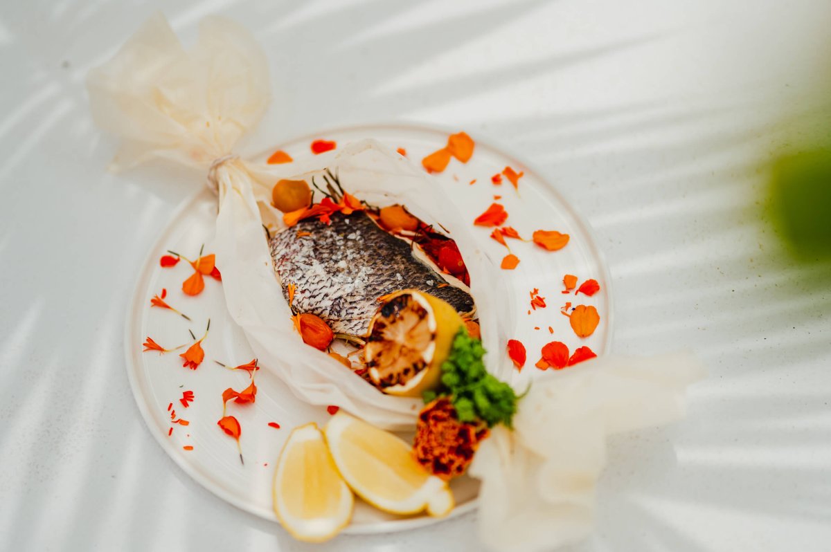 Cooked fish on a white plate with garnish and a leave shadow over the top