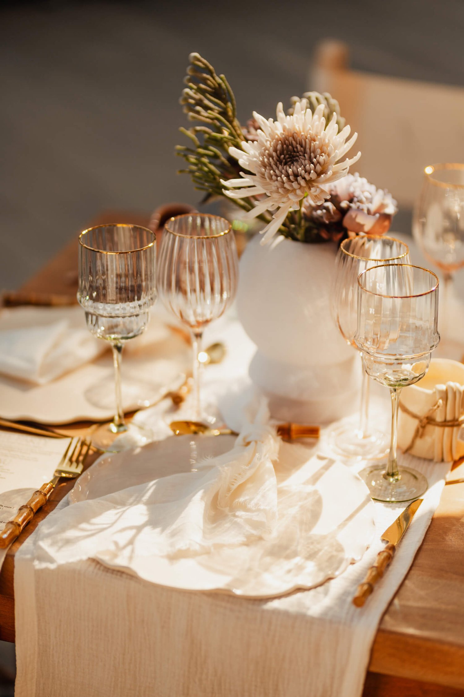 Close up of a table setting with luxury glass and table wear
