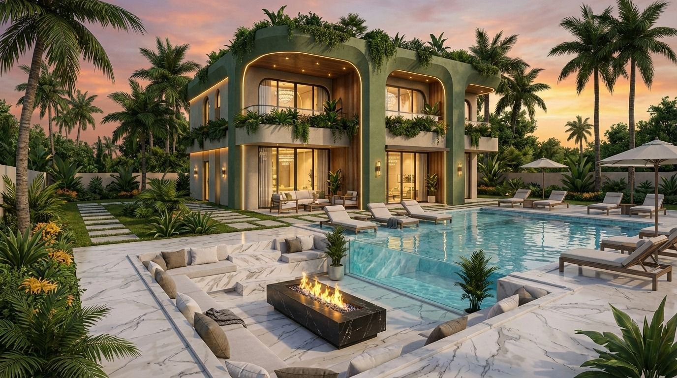 An architectural rendering of a luxurious modern villa featuring distinctive green arched facades illuminated by warm ambient lighting at sunset. Lush tropical greenery drapes from the balconies and roof, overlooking an expansive glass-walled swimming pool and a sunken white marble lounge area with a glowing rectangular fire pit. This stunning visual perfectly captures the modern Moroccan design and oasis-style luxury