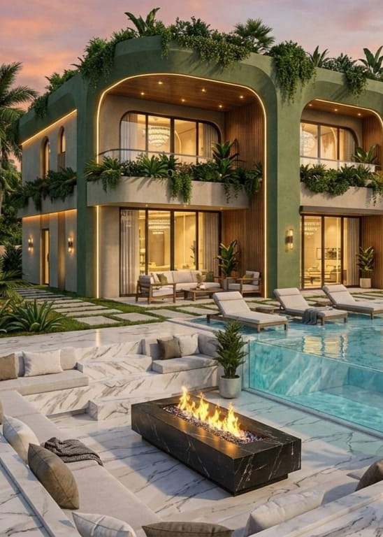 An architectural rendering of a luxurious modern villa featuring distinctive green arched facades illuminated by warm ambient lighting at sunset. Lush tropical greenery drapes from the balconies and roof, overlooking an expansive glass-walled swimming pool and a sunken white marble lounge area with a glowing rectangular fire pit. This stunning visual perfectly captures the modern Moroccan design and oasis-style luxury