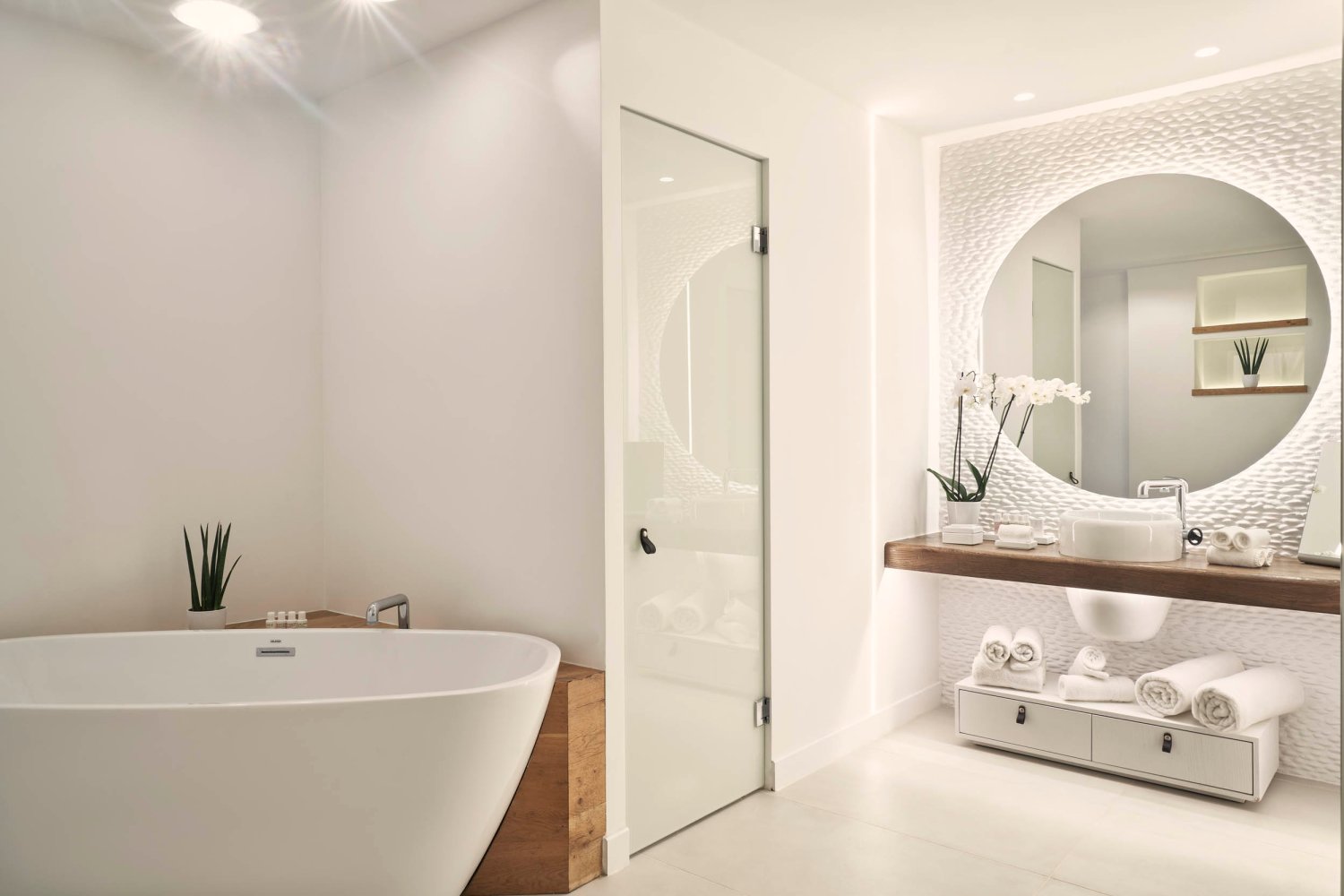 Signature Suite with Private Pool, bathroom with bath tub, basin and mirror area