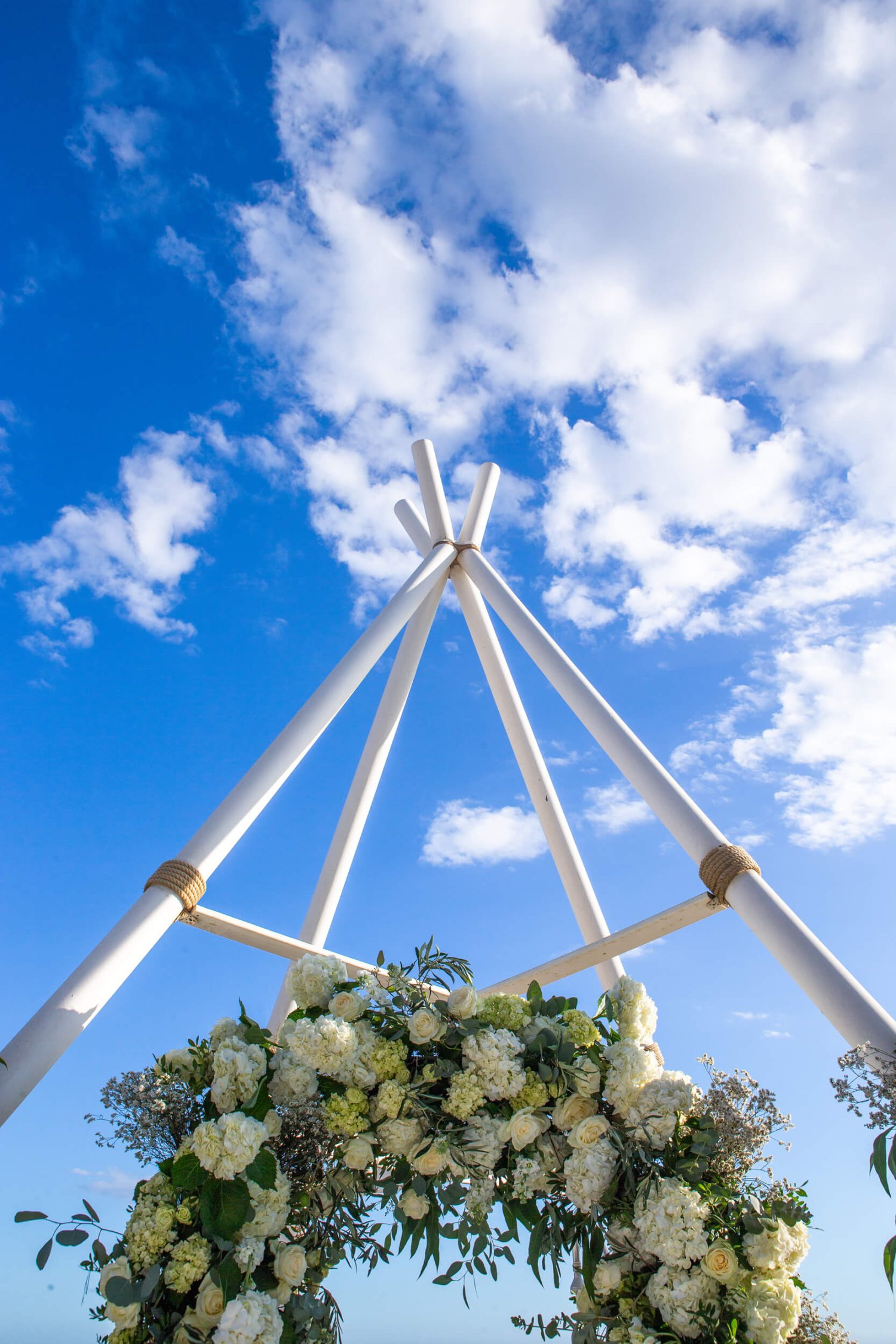 Wedding flowers on a teepee at Nikki Beach Mallorca