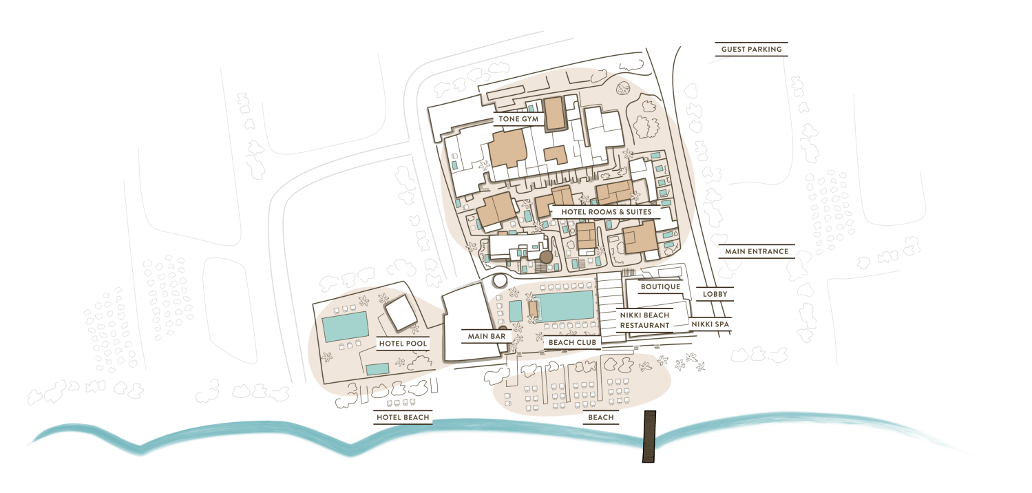 A stylized, illustrated property map of Nikki Beach Resort & Spa Santorini. It highlights key areas for arriving guests to explore, including the Main Entrance, Guest Parking, Lobby, Tone Gym, and Hotel Rooms & Suites. Along the vibrant blue waterfront, the map details the Beach Club, Hotel Pool, Main Bar, Nikki Beach Restaurant, Nikki Spa, and the sandy beach areas